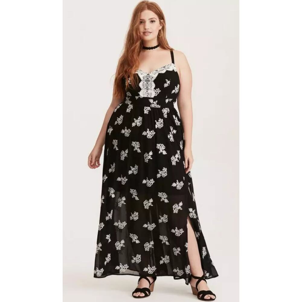 Torrid sheer black floral embroidered maxi dress Size 1 Whimsigoth Boho Romantic